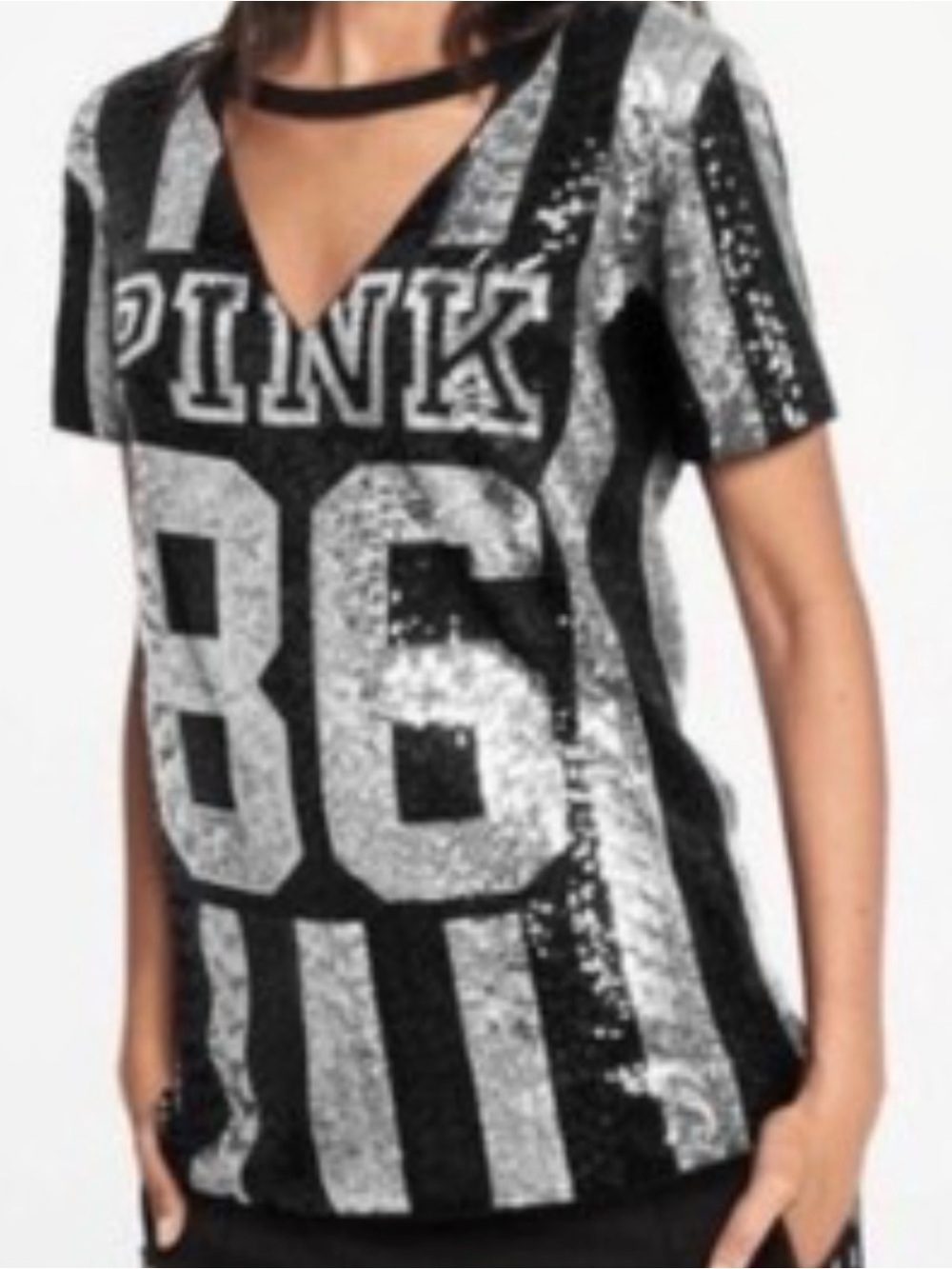 PINK Victoria's “Runway Edition” Secret Black Tee with Silver Sequin Stripes